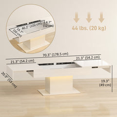 Extendable Coffee Table with LED Lights, Modern High Gloss Center Table with Hidden Storage for Living Room, White