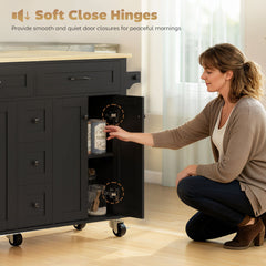 Kitchen Island Cart with Power Outlet & Drop Leaf, 55" Rolling Kitchen Island on Wheels with Storage, Black