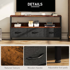 TV Stand with Charging Station, TV Table with 2 Foldable Linen Drawers and Open Shelf for 47 Inch Television, Black