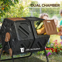 Rotating Composter, Dual Chamber Compost Bin with 24 Vents and Steel Legs, 34.5 Gallon, Brown