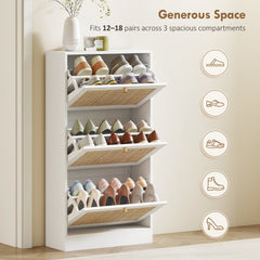Rattan Shoe Storage Cabinet with 3 Flip Drawers and Adjustable Shelves, Entryway Shoe Cabinet for 18 Pairs, Oak