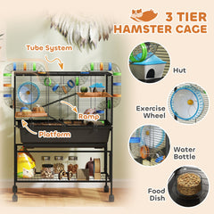 3 Tier Rolling Hamster Cage with 7" Deep Tray, Storage Shelf, Big Exercise Wheel, Tube System, for Syrian, Gerbil, Rat