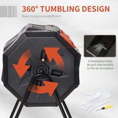 43 Gallon (160L) Tumbling Compost Bin Outdoor Dual Chamber 360° Rotating Composter with Sliding Doors, Solid Steel Frame and Gloves, Black