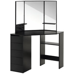 Corner Vanity Desk with Mirror, Makeup Vanity Table with 5 Drawers and Open Shelves, Dressing Table with 3-piece Mirror for Bedroom, Black
