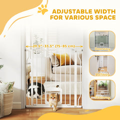 29.5-33.5" Adjustable Dog Gate with Cat Door, Easy Install Pressure/Hardware Mounted Pet Gate for Doorways, White