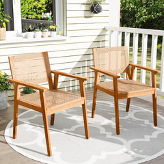 Acacia Wood Outdoor Dining Chairs Set of 2 PE Rattan Patio Chairs with Backrests and Armrests