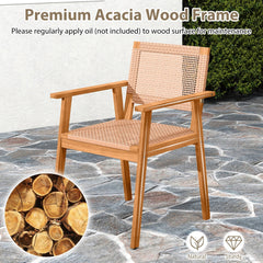 Acacia Wood Outdoor Dining Chairs Set of 2 PE Rattan Patio Chairs with Backrests and Armrests