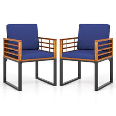 Acacia and Metal Outdoor Armchairs, Set of 2, Navy Seat and Back Cushions, Rated 400 lb Each