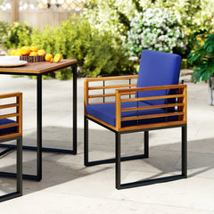 Acacia and Metal Outdoor Armchairs, Set of 2, Navy Seat and Back Cushions, Rated 400 lb Each