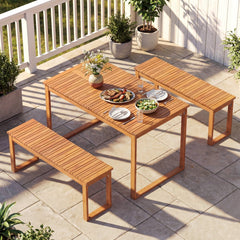 Acacia Wood Outdoor Garden Bench Set of 1/2 with Slatted Seat for Front Porch-Set of 2