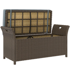 2-In-1 Outdoor PE Rattan Storage Bench, 29 Gallon Patio Wicker Furniture, Basket Box with Handles and Cushion Dark Grey