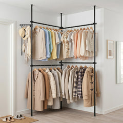 Adjustable Floor to Ceiling Clothes Rack with 4 Hanging Rods-Black