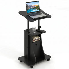 Adjustable Mobile Standing Desk Cart with Tilt Desktop and Cabinet-Black