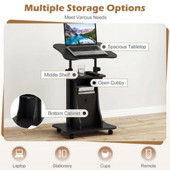 Adjustable Mobile Standing Desk Cart with Tilt Desktop and Cabinet-Black