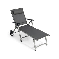 Folding Aluminium Chaise Lounge with Wheels and 7 Level Backrest