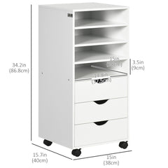 Vertical Filing Cabinet, Mobile File Cabinet on Wheels with 3 Drawers and 4 Open Shelves, Printer Stand with Lockable Casters for Home Office, White