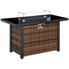 Propane Fire Pit Table 43in Outdoor Fire Table, 50,000 BTU Pulse-Ignition Wicker Firepit Furniture with Glass Wind Guard, Blue Glass Rock, CSA Certification, Black