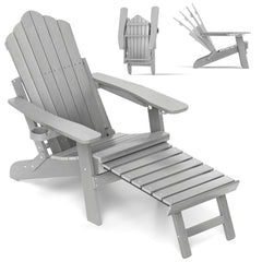 All-Weather HIPS Patio Adirondack Lounge Chair with Retractable Footrest-Gray