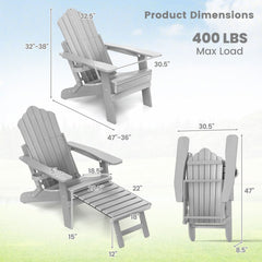 All-Weather HIPS Patio Adirondack Lounge Chair with Retractable Footrest-Gray