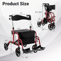 2-in-1 Adjustable Folding Handle Rollator Walker with Storage Space-Red