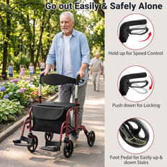 2-in-1 Adjustable Folding Handle Rollator Walker with Storage Space-Red