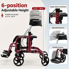 2-in-1 Adjustable Folding Handle Rollator Walker with Storage Space-Red
