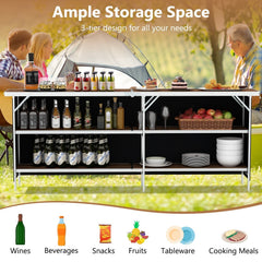 Aluminum Portable Picnic Table with 2-Tier Open Shelves and Spacious Tabletop-Coffee