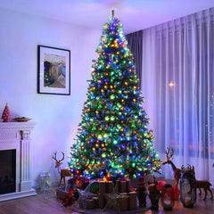 9 FT Pre-Lit Artificial Christmas Tree, Hinged, 4.9 FT Wide with 11 Light Modes