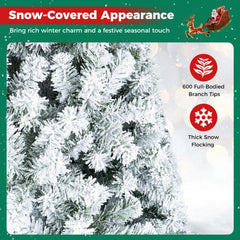 6 FT Snow Flocked Artificial Christmas Tree with 600 Branch Tips and a Folding Metal Base
