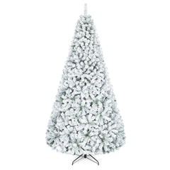 9 FT Snow Flocked Artificial Christmas Tree with 1498 Wide Leaf Branch Tips and Four Sections