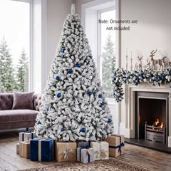 9 FT Snow Flocked Artificial Christmas Tree with 1498 Wide Leaf Branch Tips and Four Sections
