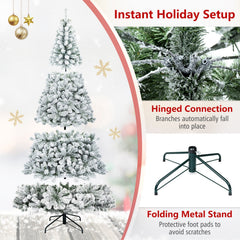 9 FT Snow Flocked Artificial Christmas Tree with 1498 Wide Leaf Branch Tips and Four Sections