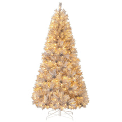 7 FT Silver Tinsel Pre-Lit Christmas Tree, 807 Tips and 400 Warm White LEDs, Hinged