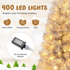 7 FT Silver Tinsel Pre-Lit Christmas Tree, 807 Tips and 400 Warm White LEDs, Hinged