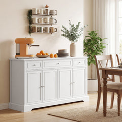 Sideboard Buffet Cabinet, 54" Kitchen Storage Cabinet with Soft-Close Doors, 3 Drawers and 2 Adjustable Shelves, White