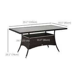 Garden Dining Table, Patio Rattan Dining Table with Glass Top, Storage Shelf for Yard, 59" x 34" x 29", Brown