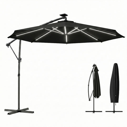 10 ft Offset Patio Umbrella with Solar Light, Garden Hanging Parasol with 360° Rotation, Tilt, Cover, Black