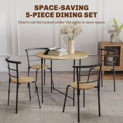 5 Piece Dining Table Set, Space Saving Round Dining Set for 4 with Metal Frame for Small Spaces, Black Wood Grain