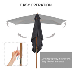 7' x 10' Wooden Patio Umbrella, Rectangle Garden Parasol, Outdoor Sunshade Canopy with Bamboo Ribs for Garden, Dark Grey