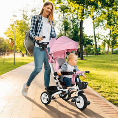 6 in 1 Toddler Tricycle with Parent Push Handle, Canopy, Storage Baskets, Cupholder, Dark Blue