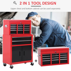 6-Drawer Rolling Tool Chest, 2 in 1 Lockable Storage Cabinet with Hooks, Metal Tool Box for Garage, Workshop, Black
