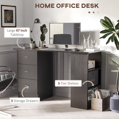 Computer Desk, 47" Writing Table with 3-Tier Shelves and 3 Reversible Drawers for Home Office, Bedroom, Black