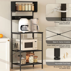 Baker's Rack with Charing Station, Microwave Shelf with Power Outlet, USB Charger and 5 Hooks, Black