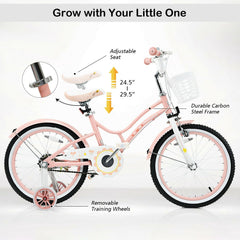 18 Inch Kids Bike with Detachable Basket and Removable Training Wheels, Pink