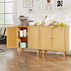Bamboo Buffet Storage Cabinet with PE Rattan Doors and Freestanding Kitchen Cupboard-Natural