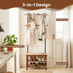 Bamboo Coat Rack PE Rattan Hall Tree with Bench and Shoe Storage 3-In-1 Entryway Bench-Brown