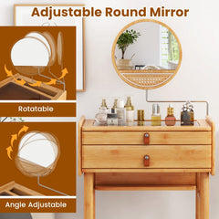 Bamboo Makeup Vanity Table with Mirror with 2 Storage Drawers-Natural