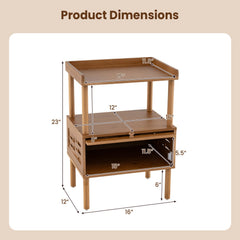 Bamboo Rattan Nightstand with Raised Edge Flip-Up Door and Open Shelf-Walnut