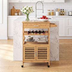 Bamboo Rolling Kitchen Island Trolley with Storage Cabinet and Wine Rack-Natural