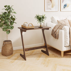 Bamboo Z Shaped Sofa Side Table with Spacious Top, Walnut Toned Finish